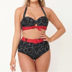 Women’s Medium Black Red Goth Two Piece Bikini Swim Top/Bottom, Summer Swimsuit